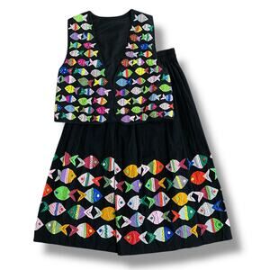 Vintage Handmade 2-Piece Folk Art Fish Appliqué Embroidered Vest & Skirt Boho